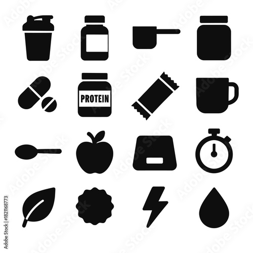 Minimalist icons of fitness and nutrition essentials: shaker bottle, pills, protein, scale, timer