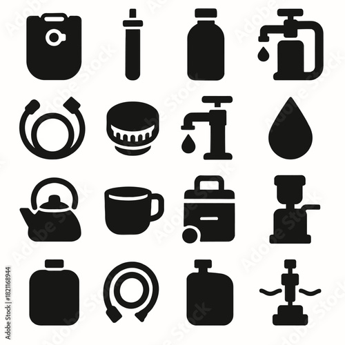 Set of silhouette icons featuring kitchen tools and appliances