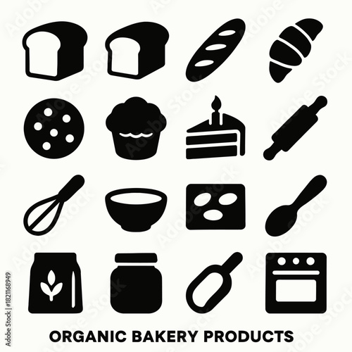 Organic bakery icons: bread, pastry, rolling pin, oven, cake, cookie, whisk, jar, bowl