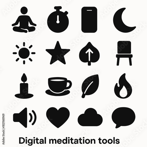 Digital meditation tools icons: calmness, focus, relaxation, mindfulness, serenity