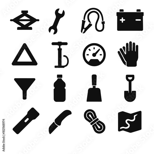 Essential car repair and maintenance icons: tools, safety gear, and equipment