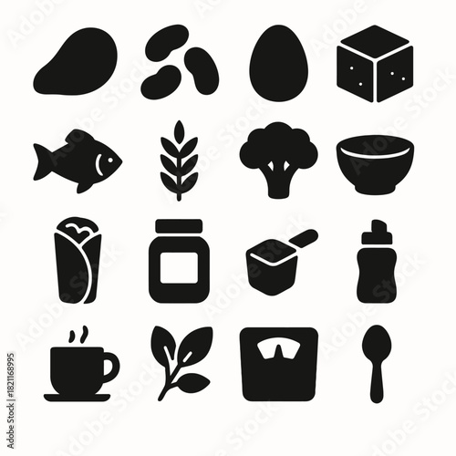 Minimalist food icon set: fish, broccoli, coffee, scale, jar