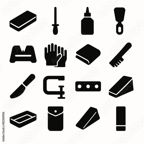 Silhouette icons of various hand tools and objects for craft and repair