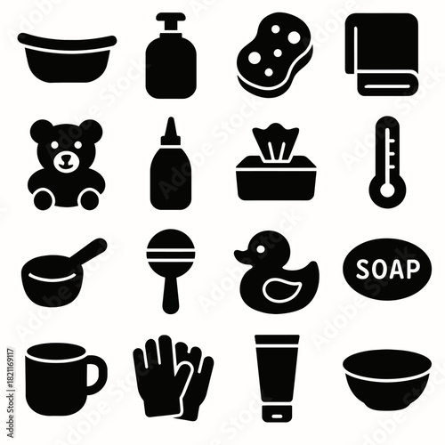 Baby bath time icons: soap, towel, rubber duck, thermometer, teddy bear, sponge, lotion
