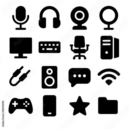 Digital equipment icons: microphone, headphones, webcam, computer, game controller