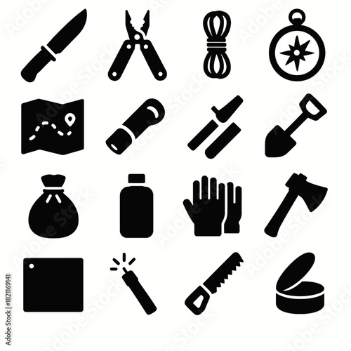 Essential camping tools: knives, compass, rope, map, and more