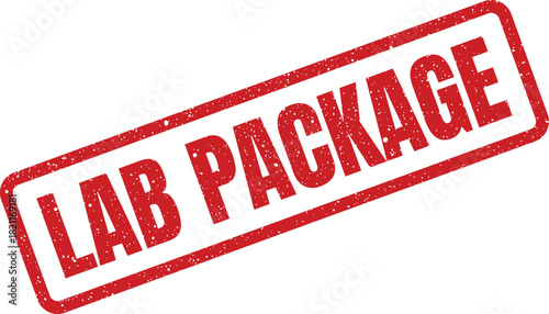 Grunge red rubber stamp label displaying LAB PACKAGE for laboratory kits and research materials