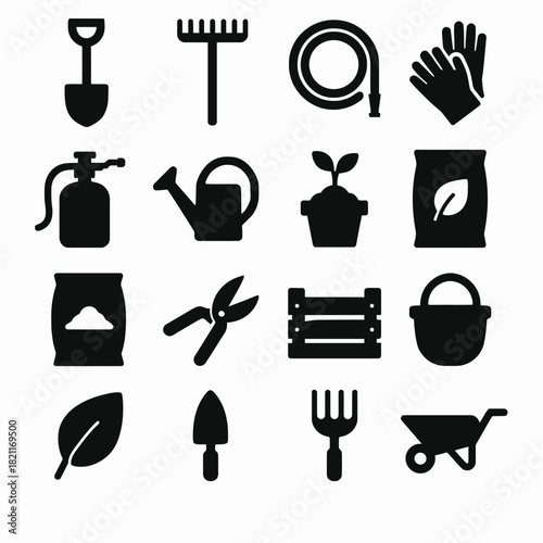Collection of black gardening tool icons for home and garden use