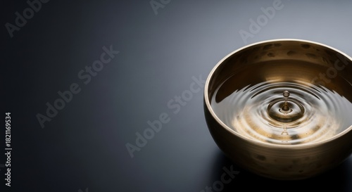 A serene singing bowl filled with water shows the ripple effect of a single drop in a zen like meditative setting