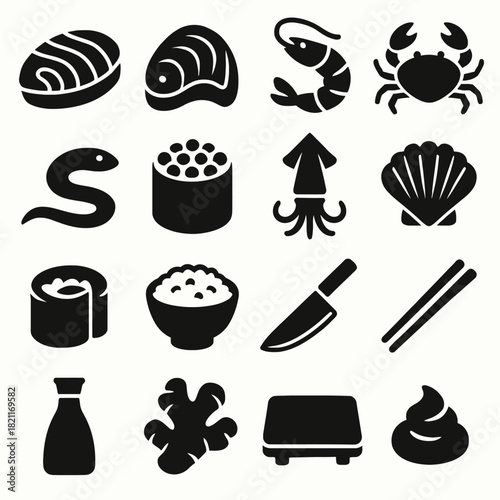 Sushi icons: fish, seafood, rice, and kitchen utensils in black silhouette