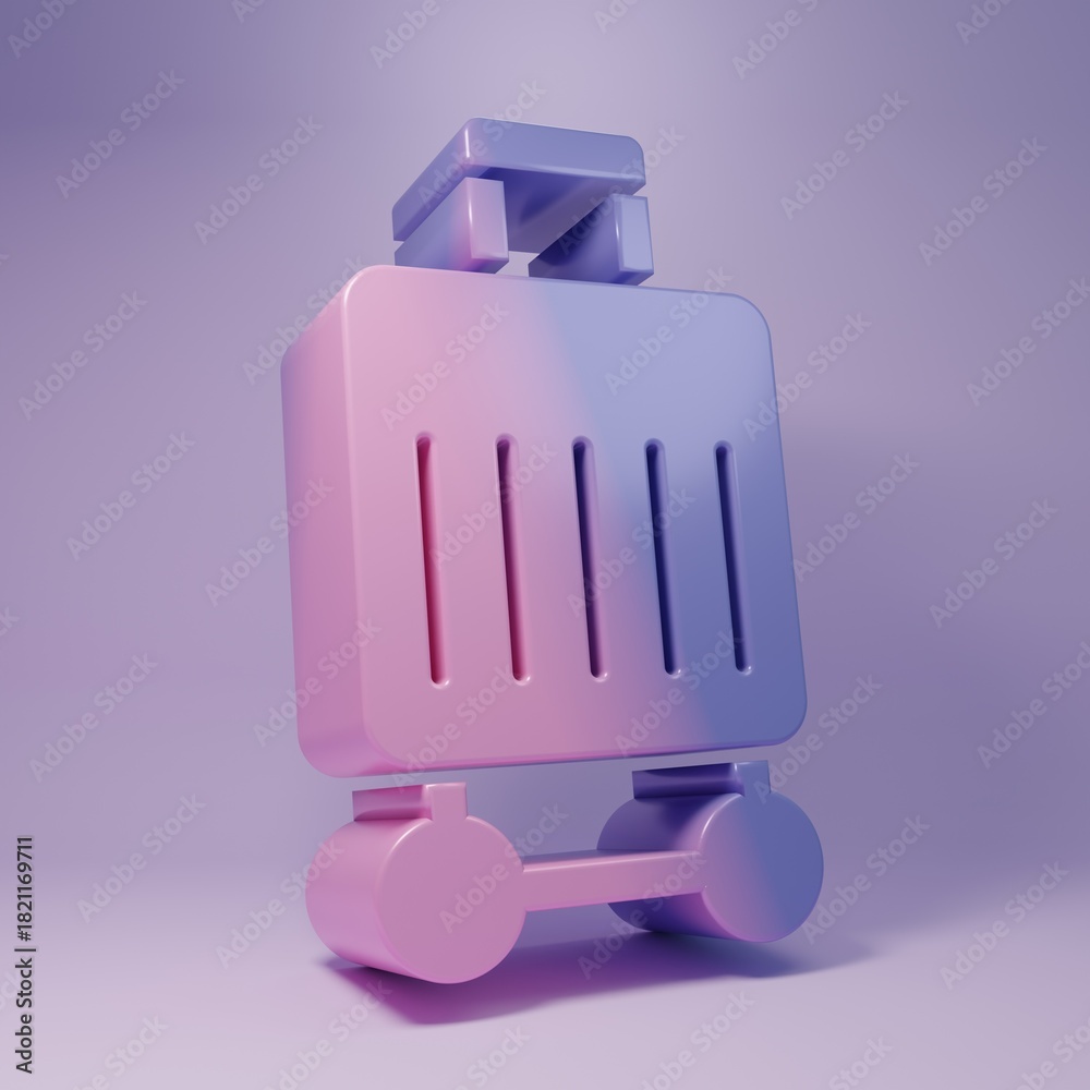 Obraz premium Purple Suitcase for travel icon isolated on purple background. Traveling baggage sign. Travel luggage icon. Minimalism concept. 3D render illustration