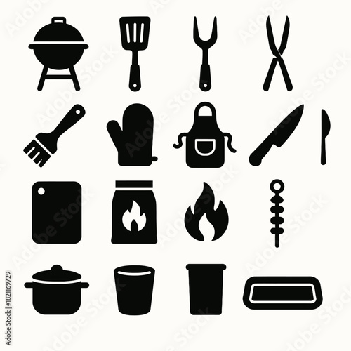 Barbecue tools icons: grilling essentials including bbq, fork, knife, and more