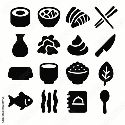 Japanese cuisine icons: sushi, sashimi, chopsticks, rice, tea, fish, wasabi, soy sauce