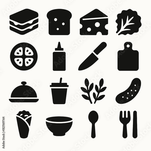 Food icons: sandwich, cheese, pizza, knife, cutting board, burrito, drink, pickle, bowl, utensils