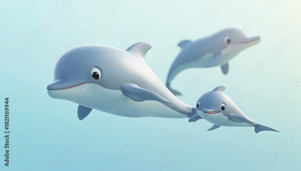 Fototapeta premium Three Playful Cartoon Dolphins Swimming Together in Blue Ocean