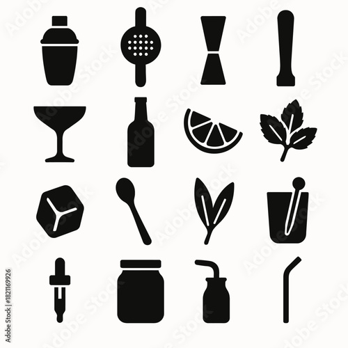 Cocktail icons set: shaker, strainer, glasses, garnish, mixer tools, citrus, herbs