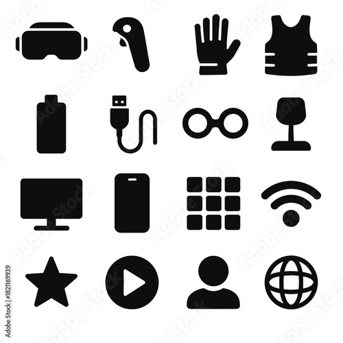 Virtual reality and technology icons: gadgets, devices, and connectivity symbols