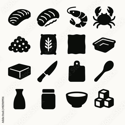 Sushi icons set: nigiri, sashimi, seafood, ingredients, kitchen tools in black silhouettes