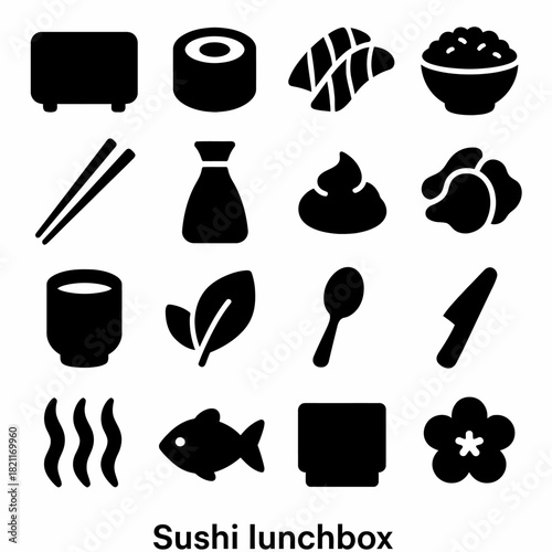 Sushi lunchbox icons: sushi, rice, wasabi, nigiri, chopsticks