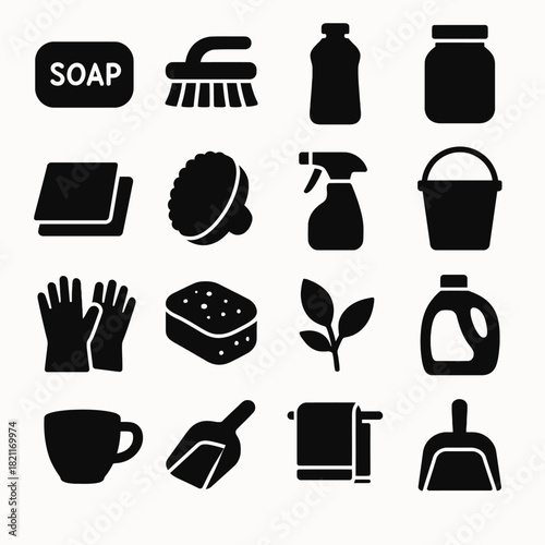 Set of cleaning icons: soap, brushes, gloves, detergent, bucket, spray, sponge, cloth