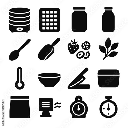 Black food preservation icons set: dehydrator, jars, fruits, thermometer, timer, bowl, leaves
