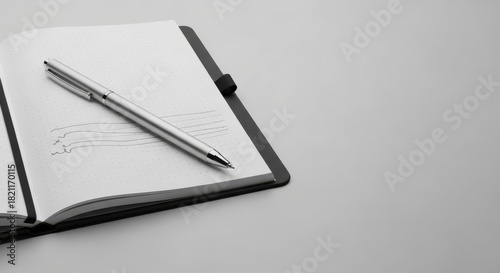 Wallpaper Mural A silver pen rests on an open notebook with a black cover and dotted pages with some light scribbles on a gray background creating a clean and modern aesthetic Torontodigital.ca