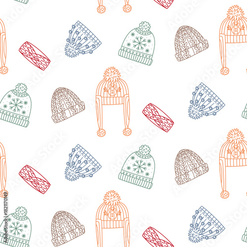 Seamless doodle pattern for winter hats in a colored outline. Chaotic texture of hats, bandages of different shapes. Decorative of scribbles for designing clothes, paper, or textiles in cold weather