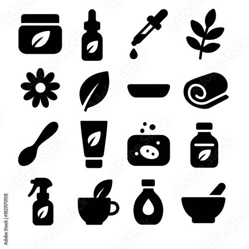 Natural wellness icons: leaf, flower, dropper, soap, tea, cream, spray, spoon, rolling pin