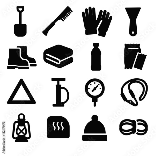 Essential winter car kit icons: shovel, gloves, boots, lantern, rope, triangle