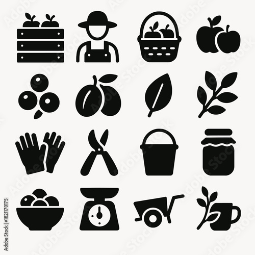 Gardening icons set: tools, plants, harvest, and produce illustrations