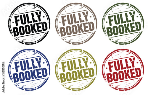 Six circular stamps with the words 'FULLY BOOKED' in different colors.