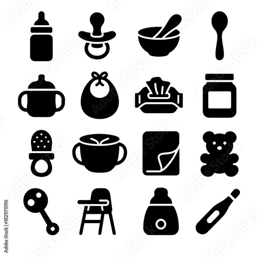 Baby essentials icons: bottles, pacifiers, bowls, high chair, teddy bear