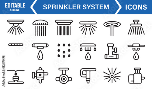 Industrial sprinkler components and plumbing elements in minimal icons