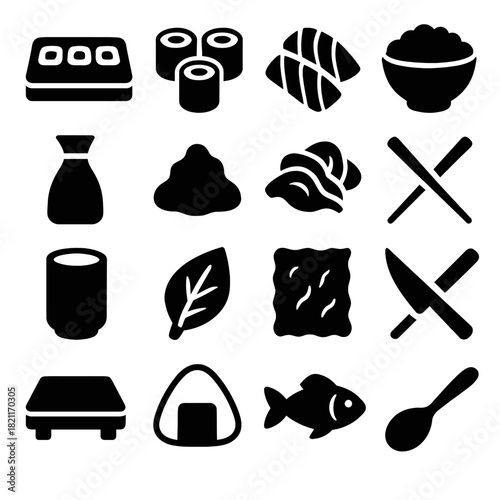 Sushi icons collection: nigiri, rolls, soy sauce, wasabi, chopsticks, fish, rice