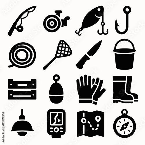 Fishing equipment icons: rod, reel, lure, hook, net, knife, bucket, boots, map, compass