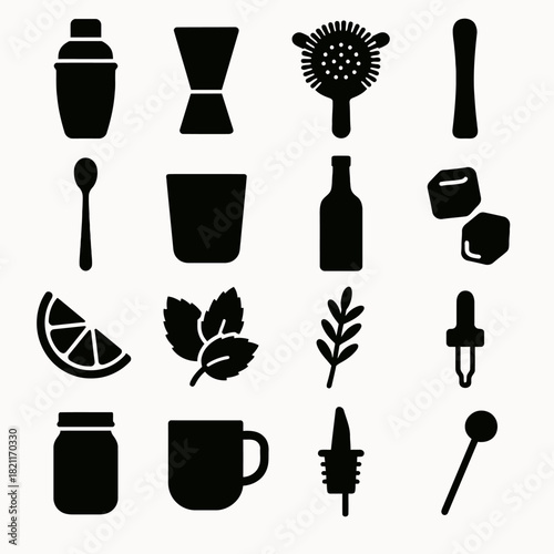 Cocktail bar silhouettes: shaker, citrus, herbs, and tools collection
