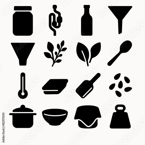 Cooking icons set: jars, bottles, leaves, tools, and utensils in black silhouettes
