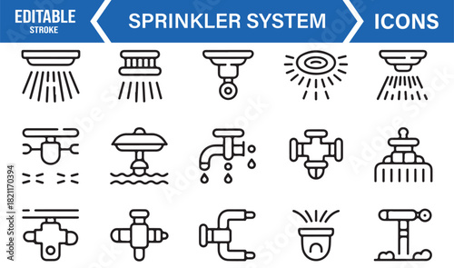 Outline pictograms of valves, pipes, detectors, and sprinkler heads