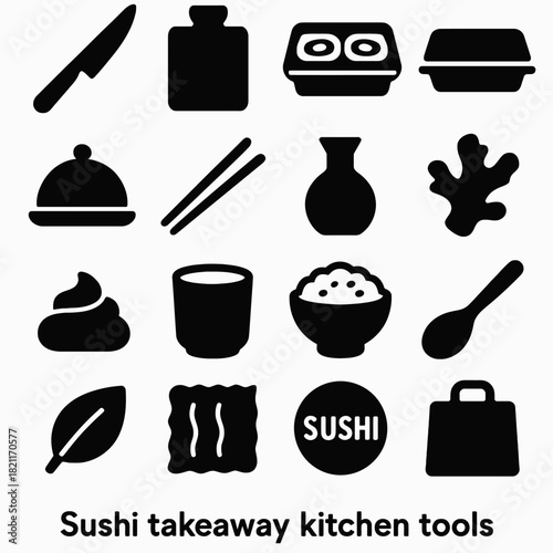 Sushi takeaway kitchen tools icons collection for japanese cuisine