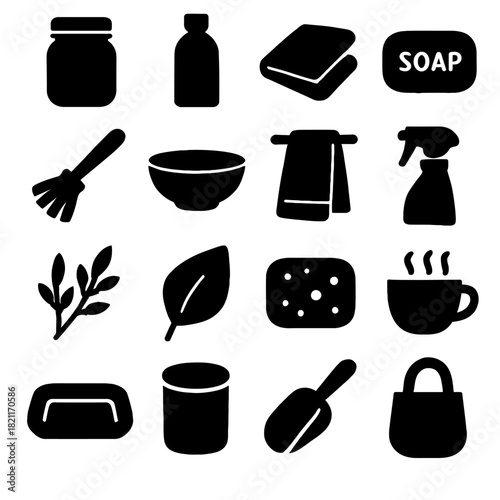 Silhouette icons of cleaning and kitchen supplies: soap, bottle, towel, bowl, leaf