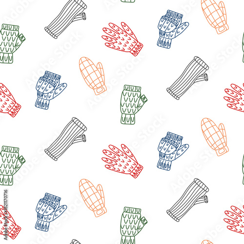 Seamless doodle pattern of various mittens and gloves in a colored outline. Chaotic texture of various knitting. Decorative doodle background for designing clothing, paper, or textiles in cold weather