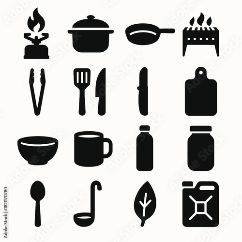 Kitchen icons set: stove, cookware, utensils, and food containers