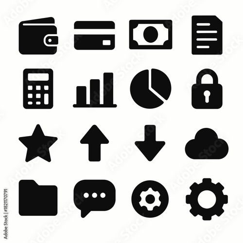 Financial and business icons: wallet, credit card, graph, lock, cloud, gear