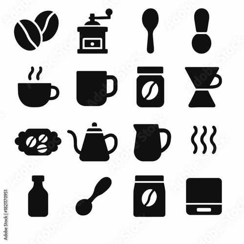 Coffee utensils and icons set: grinder, mug, spoon, jar, dripper
