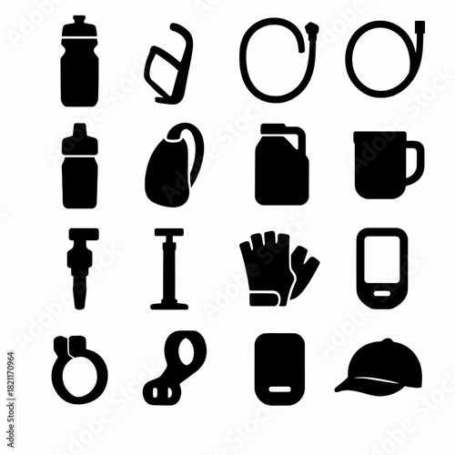 Cycling accessories silhouettes: bottle, pump, mug, cap, gloves, tools