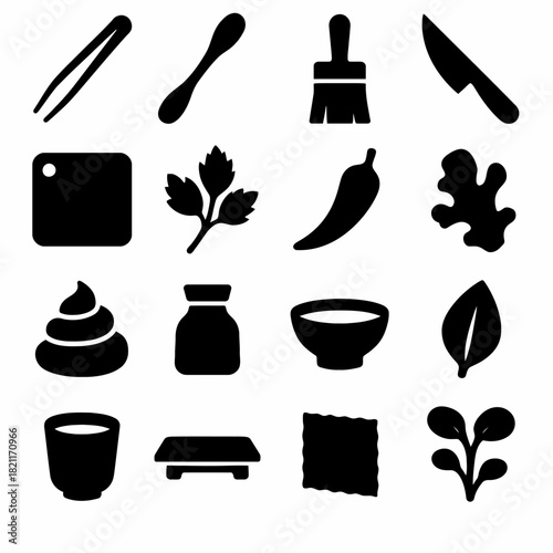 Collection of cooking utensils and food ingredients icons in black silhouette