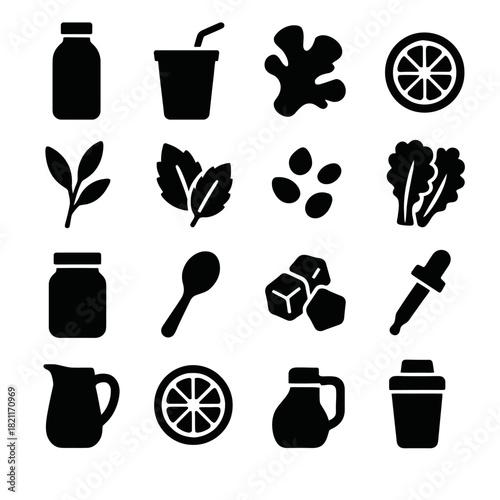 Juice and herbal icons set: bottles, leaves, citrus, and drops in bold silhouette design