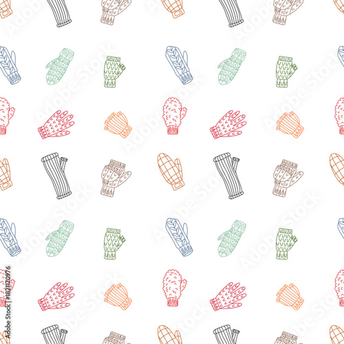 Seamless doodle pattern of various mittens, gloves in colored outline. Symmetrical texture of various knitting. Decorative doodle background for designing clothing, paper, or textiles in cold weather
