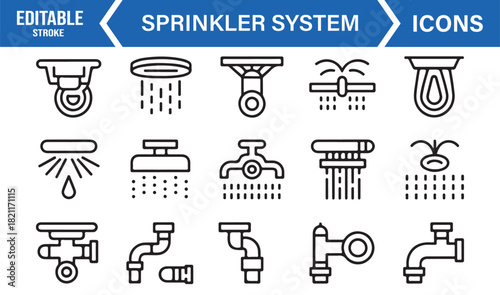 Minimal outline sprinkler system icons set for fire safety and plumbing engineering