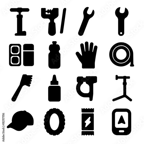 Silhouette of bicycle repair tools and accessories in black icons